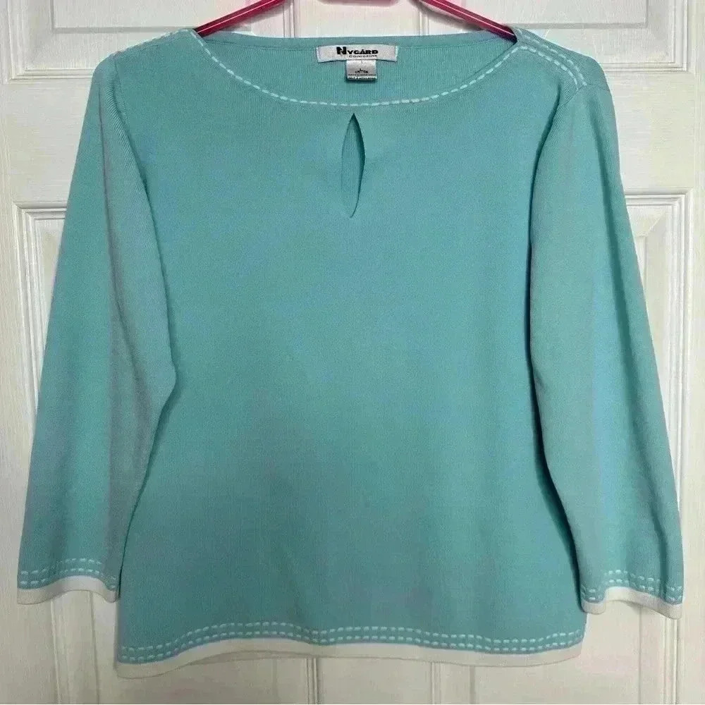 Nygard Collection Sweater Keyhole Neckline Blue & White Size Large - Picture 1 of 16